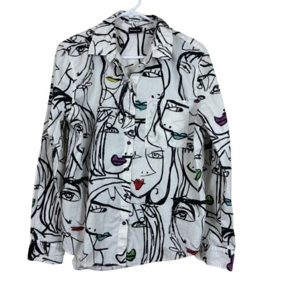 Desigual Artsy Faces Long Sleeve Button Down Shirt Large statementcore - Picture 1 of 7